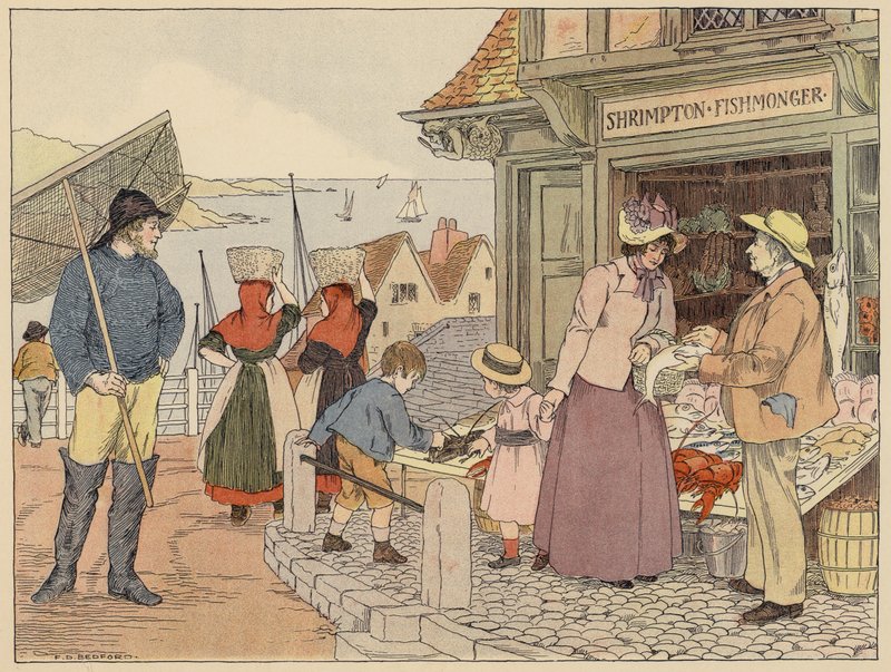 Libro de tiendas de Bedford: Fishmonger (litografía en color) de Francis Donkin Bedford