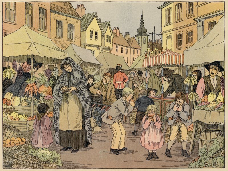 Libro de tiendas de Bedford: Puestos de fruta (litografía en color) de Francis Donkin Bedford