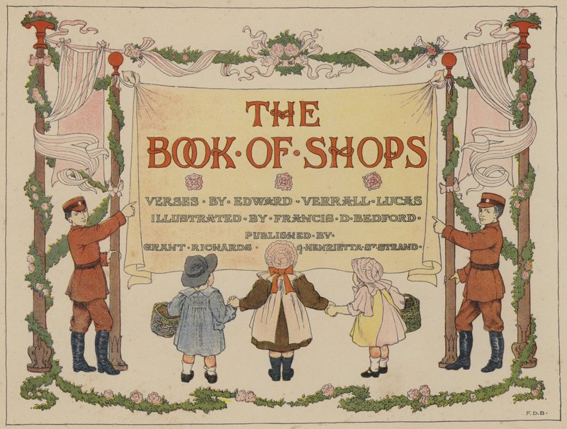 Libro de tiendas de Bedford: Portada (litografía en color) de Francis Donkin Bedford