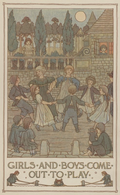 Niños y niñas salen a jugar (litografía en color) de Francis Donkin Bedford