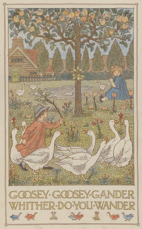 Goosey goosey gander whither do you wander (litografía en color) de Francis Donkin Bedford