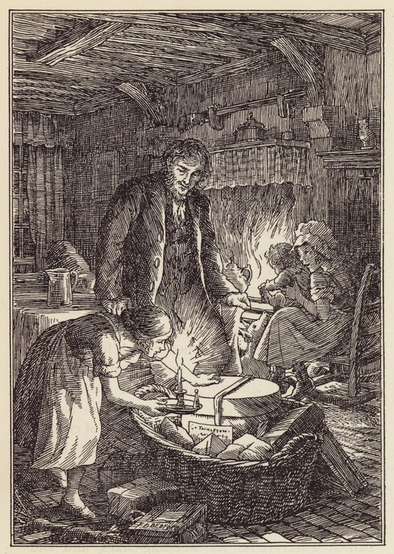 Ilustración de El grillo en la chimenea de Charles Dickens (litografía en color) de Francis Donkin Bedford