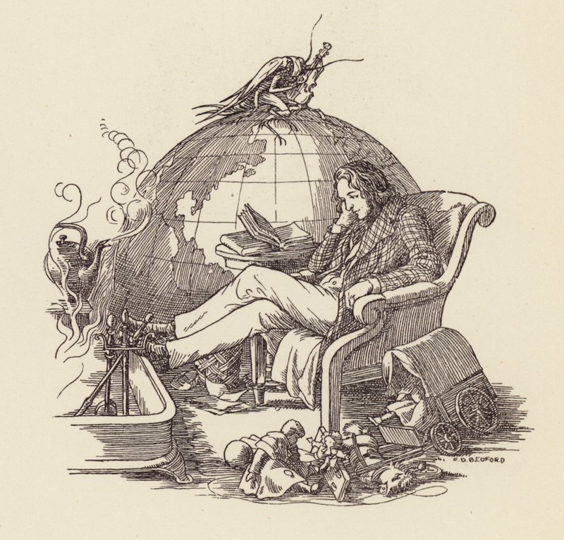 Ilustración de El grillo en la chimenea de Charles Dickens (litografía en color) de Francis Donkin Bedford