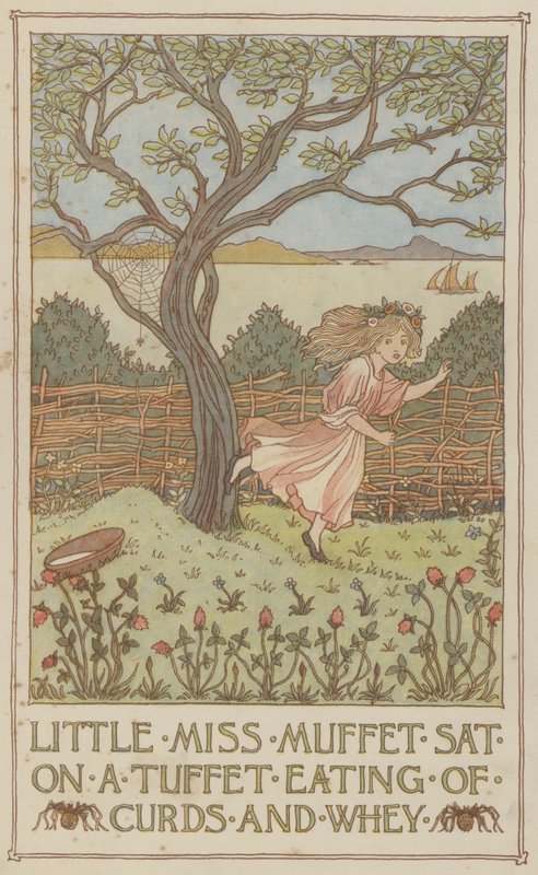 Little Miss Muffet sentada en un tuffet comiendo cuajada y suero (litografía en color) de Francis Donkin Bedford