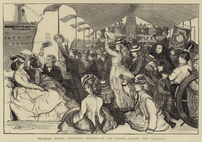 Vacaciones de los niños de la escuela de Millwall, en el Támesis, pasando el Goliath de Francis S. Walker