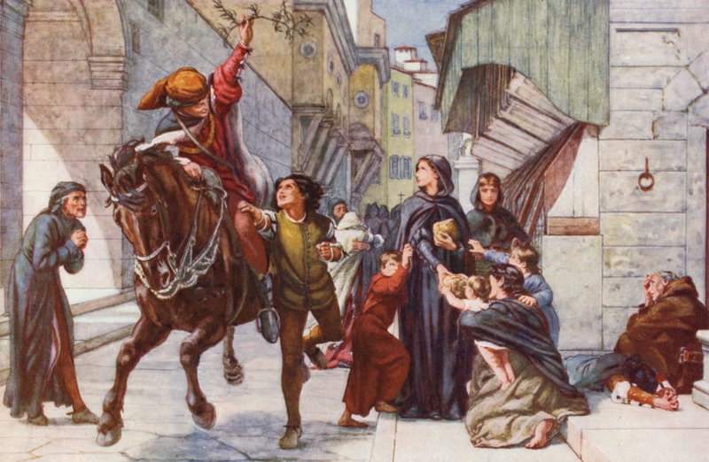 Llevando noticias de socorro a Florencia (litografía en color) de Francis William (after) Topham