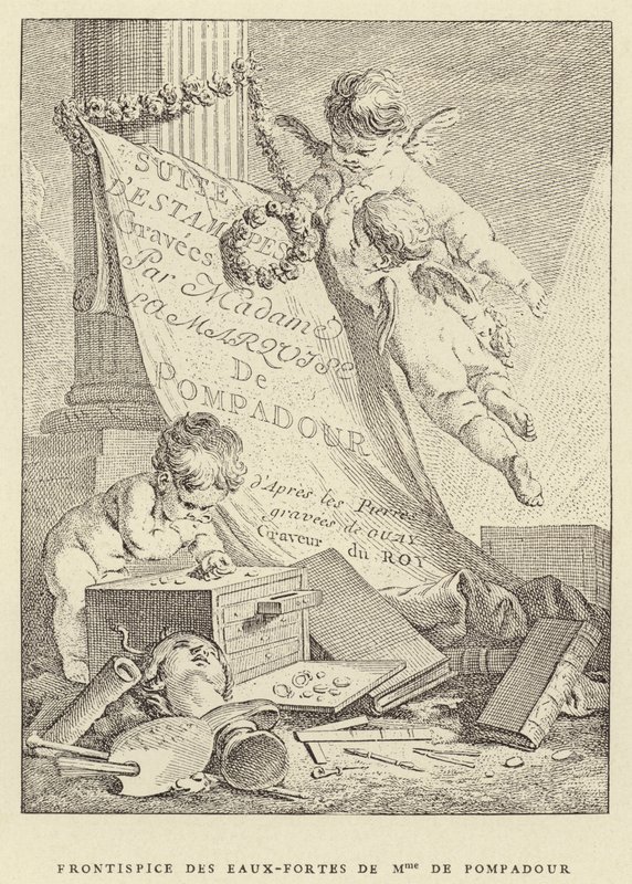 Frontispicio de los aguafuertes de Mme de Pompadour de Francois (after) Boucher