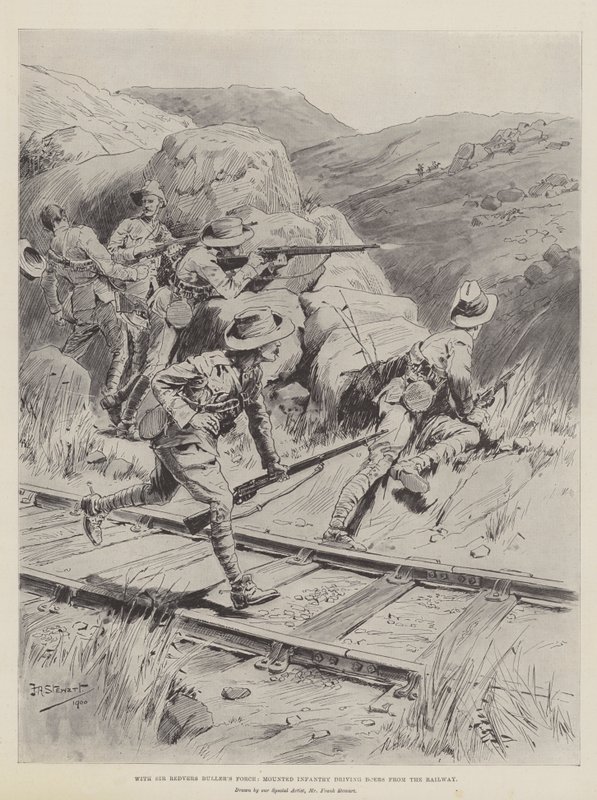 Con la Fuerza de Sir Redvers Buller, Infantería Montada expulsando a los Bóers del Ferrocarril de Frank Algenon Stewart