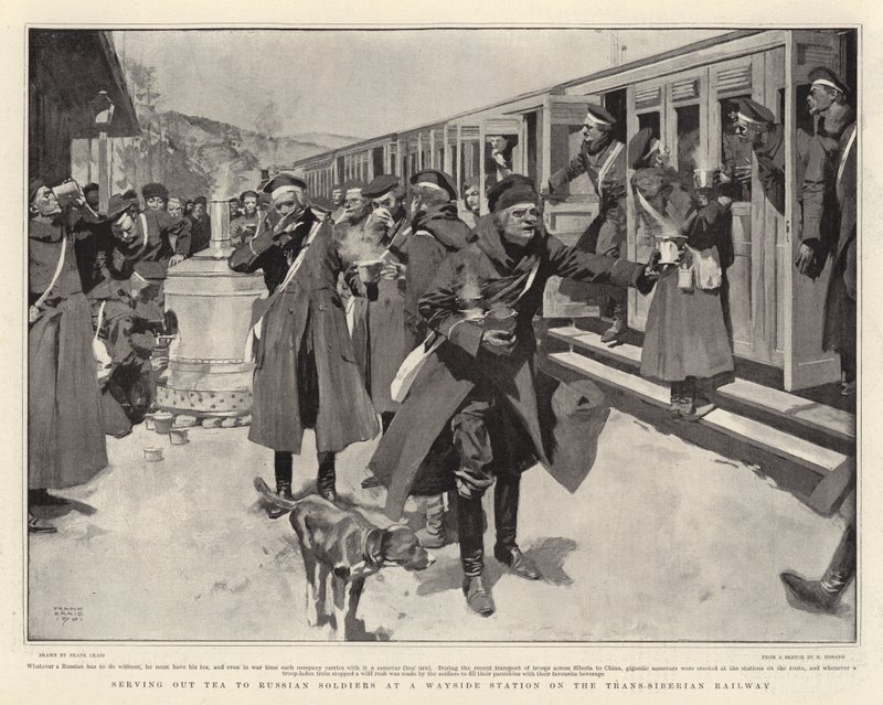 Sirviendo té a los soldados rusos en una estación del ferrocarril Transiberiano de Frank Craig