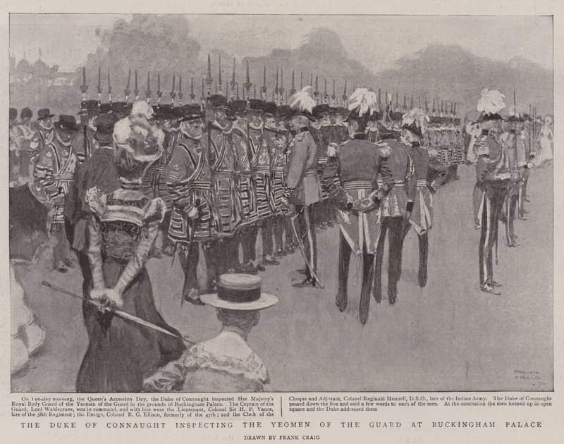El Duque de Connaught inspeccionando a los Yeomen de la Guardia en el Palacio de Buckingham de Frank Craig