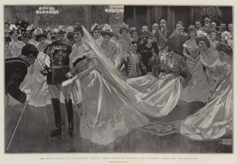 La Corte del Rey en el Palacio de Buckingham, Sus Majestades saliendo del Salón de Baile después de las Presentaciones de Frank Craig