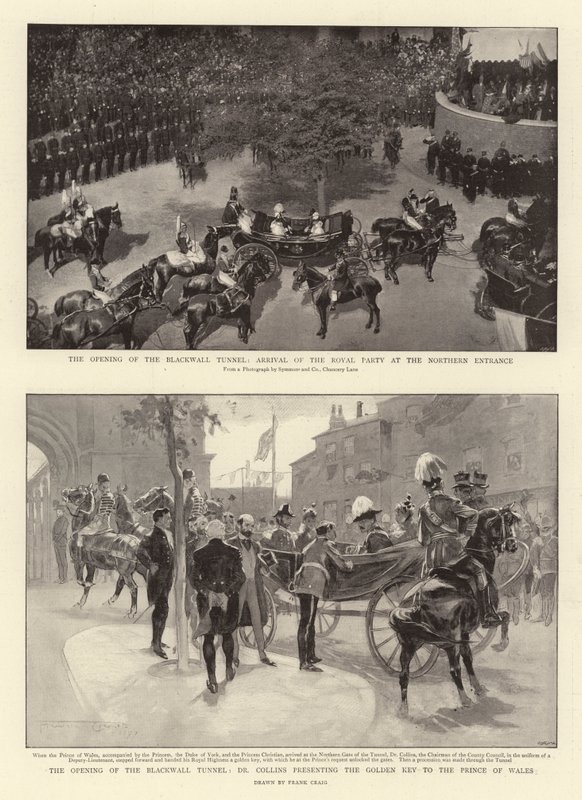 La inauguración del túnel de Blackwall, llegada de la comitiva real a la entrada norte, Dr. Collins presentando la llave dorada al Príncipe de Gales de Frank Craig