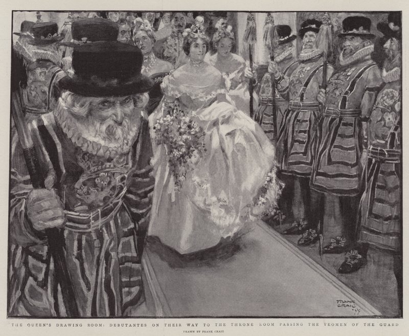 La sala de dibujo de la reina, debutantes en su camino a la sala del trono pasando por los guardias yeomen de Frank Craig