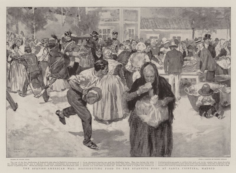 La guerra hispanoamericana, distribuyendo comida a los pobres hambrientos en Santa Cristina, Madrid de Frank Craig