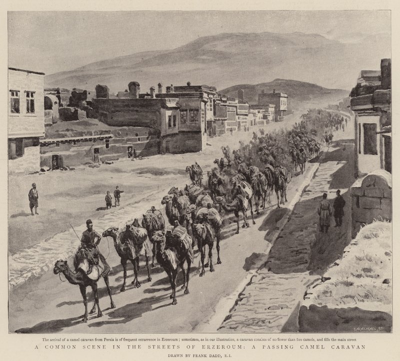Una escena común en las calles de Erzeroum, una caravana de camellos pasando de Frank Dadd