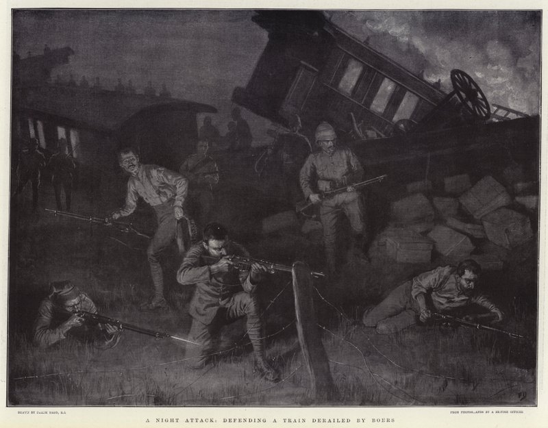 Un ataque nocturno, defendiendo un tren descarrilado por los bóers de Frank Dadd
