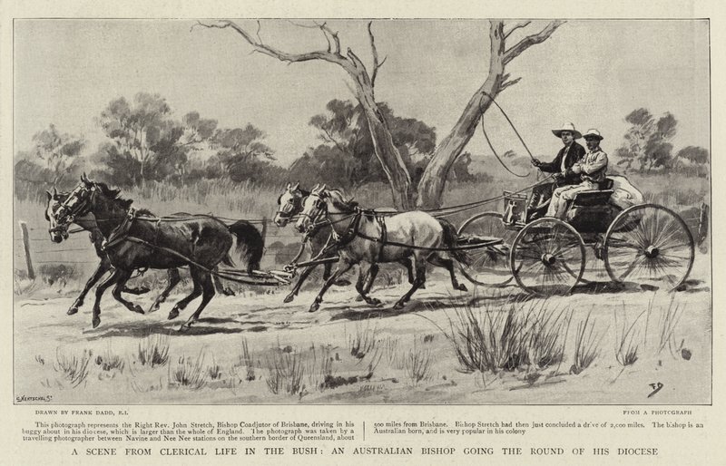 Una escena de la vida clerical en el campo, un obispo australiano recorriendo su diócesis de Frank Dadd