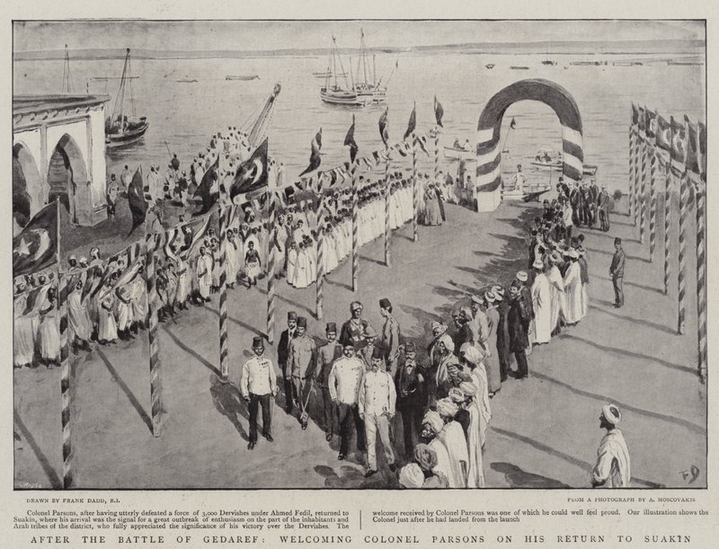 Después de la batalla de Gedaref, dando la bienvenida al coronel Parsons a su regreso a Suakin de Frank Dadd