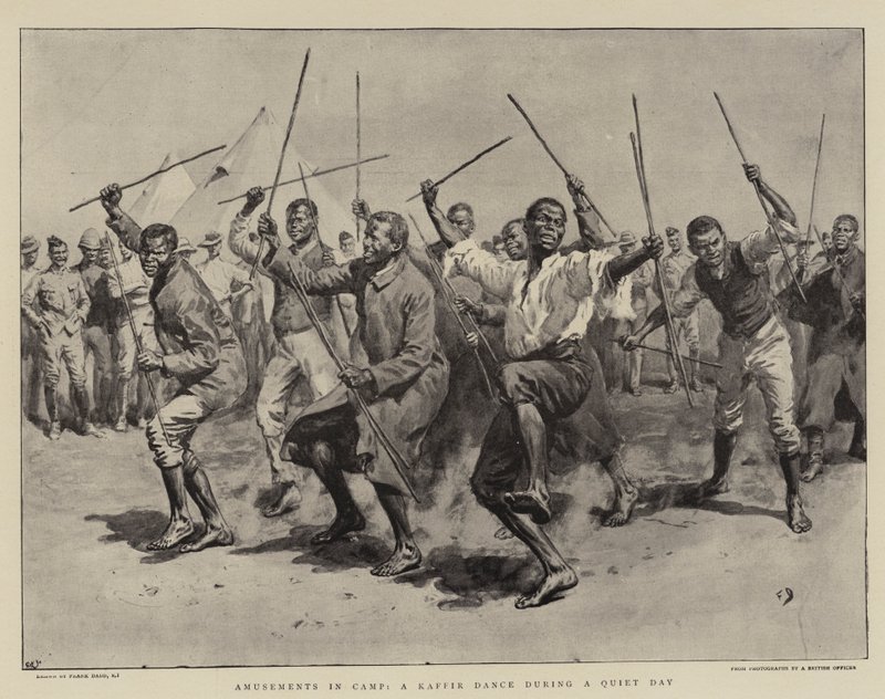 Diversiones en el campamento, una danza cafre durante un día tranquilo de Frank Dadd