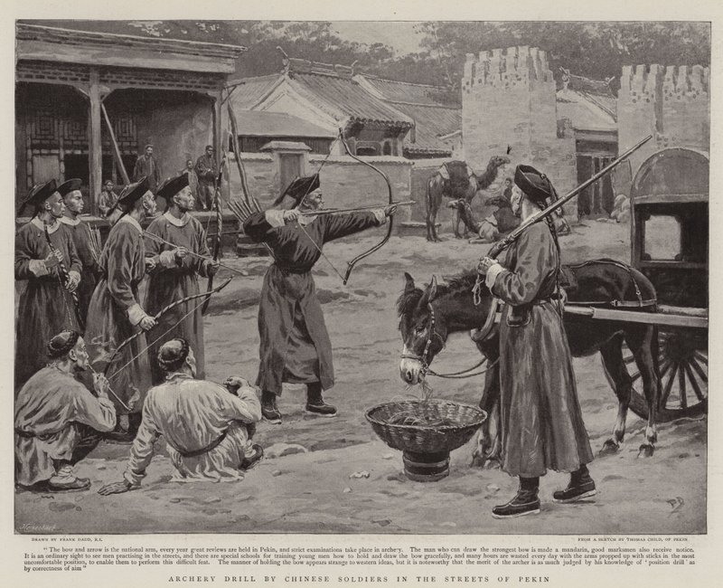 Ejercicio de tiro con arco por soldados chinos en las calles de Pekín de Frank Dadd