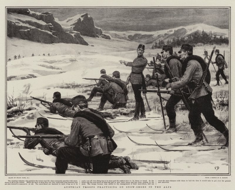 Tropas austriacas practicando con raquetas de nieve en los Alpes de Frank Dadd