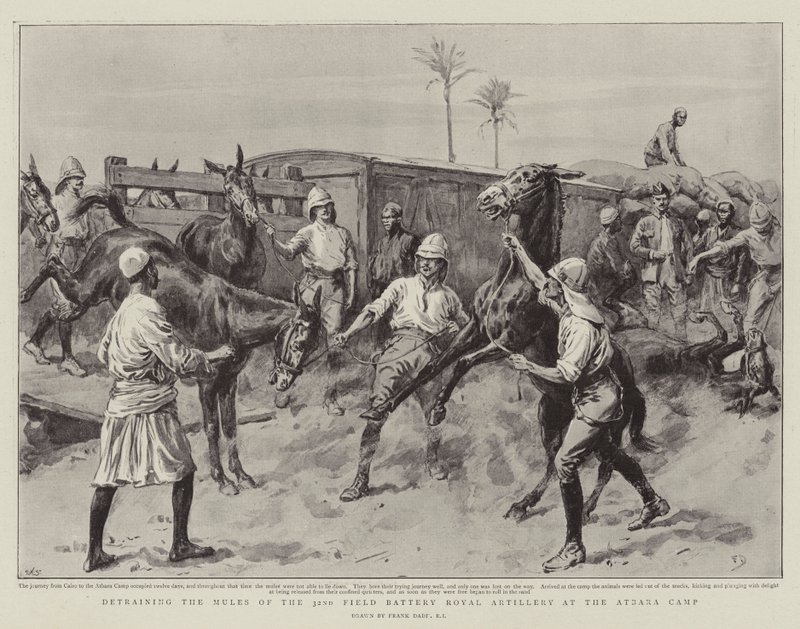 Descarga de las mulas de la 32ª Batería de Campo Real de Artillería en el campamento de Atbara de Frank Dadd