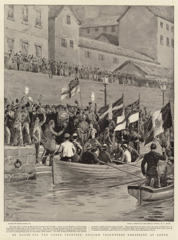 En Ruta hacia la Frontera Griega, Voluntarios Ingleses embarcando en Corfú de Frank Dadd