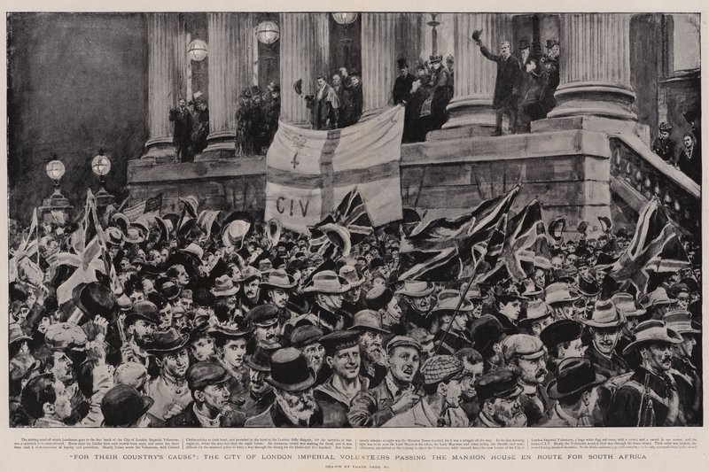 Por la causa de su país, los Voluntarios Imperiales de la Ciudad de Londres pasando por la Mansion House en ruta hacia Sudáfrica de Frank Dadd