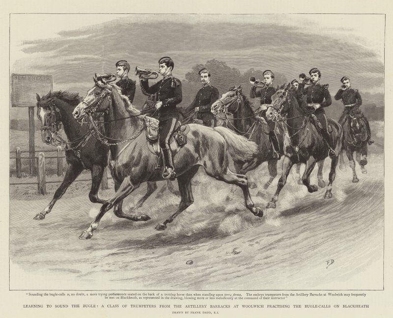 Aprendiendo a tocar la corneta, una clase de trompetistas del cuartel de artillería en Woolwich practicando los toques de corneta en Blackheath de Frank Dadd