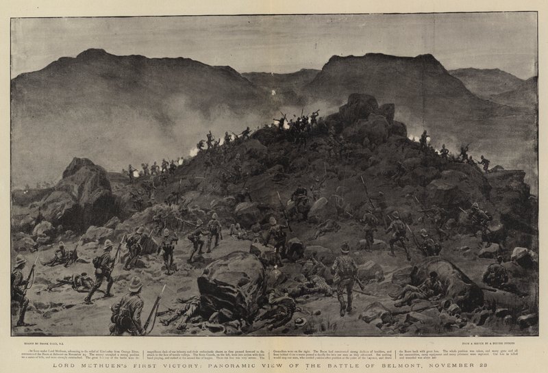 Primera victoria de Lord Methuen, vista panorámica de la batalla de Belmont, 28 de noviembre de Frank Dadd