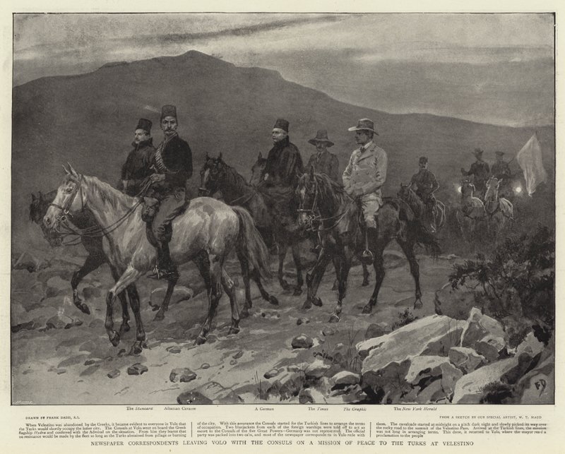 Corresponsales de prensa saliendo de Volo con los cónsules en una misión de paz hacia los turcos en Velestino de Frank Dadd
