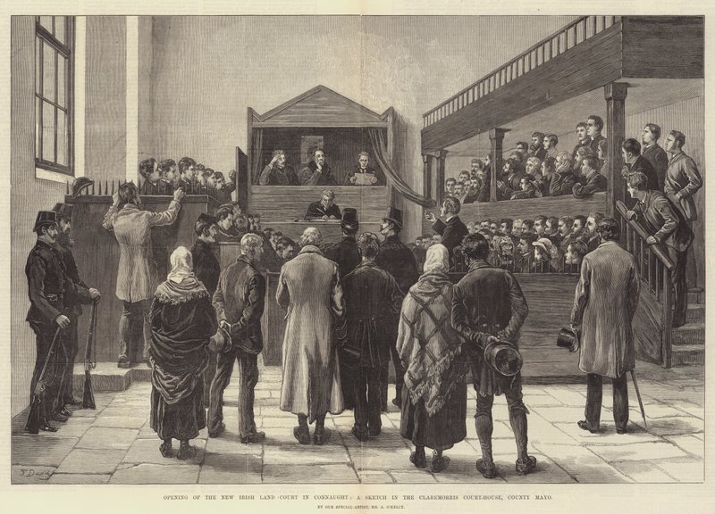 Apertura del nuevo Tribunal de Tierras Irlandés en Connaught, un boceto en el juzgado de Claremorris, Condado de Mayo de Frank Dadd