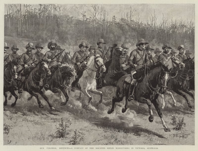 Nuestras Defensas Coloniales, una Compañía de los Rifles Montados maniobrando en Victoria, Australia de Frank Dadd