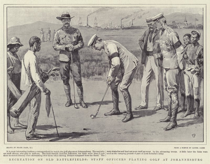 Recreación en antiguos campos de batalla, oficiales del estado mayor jugando al golf en Johannesburgo de Frank Dadd
