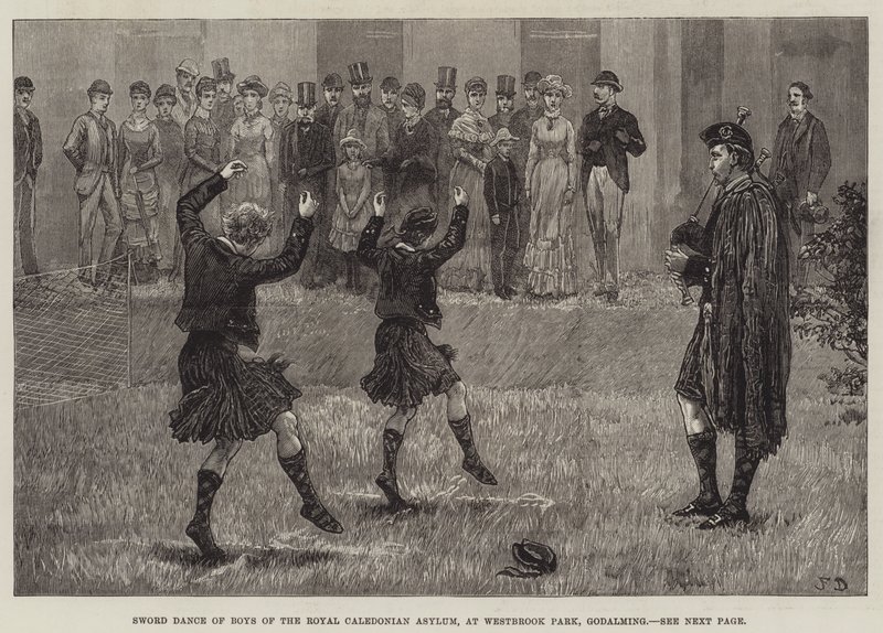 Danza de espadas de los niños del Asilo Real Caledonio, en Westbrook Park, Godalming de Frank Dadd