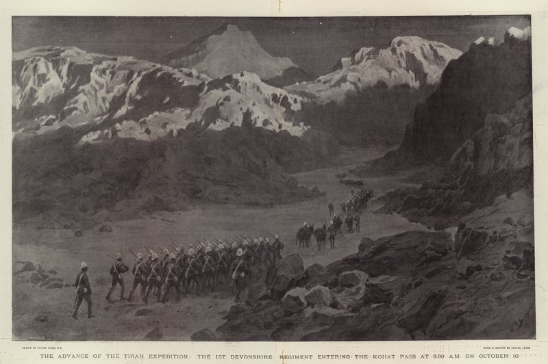 El avance de la expedición de Tirah, el 1er Regimiento de Devonshire entrando en el Paso de Kohat a las 3:30 AM del 10 de octubre de Frank Dadd