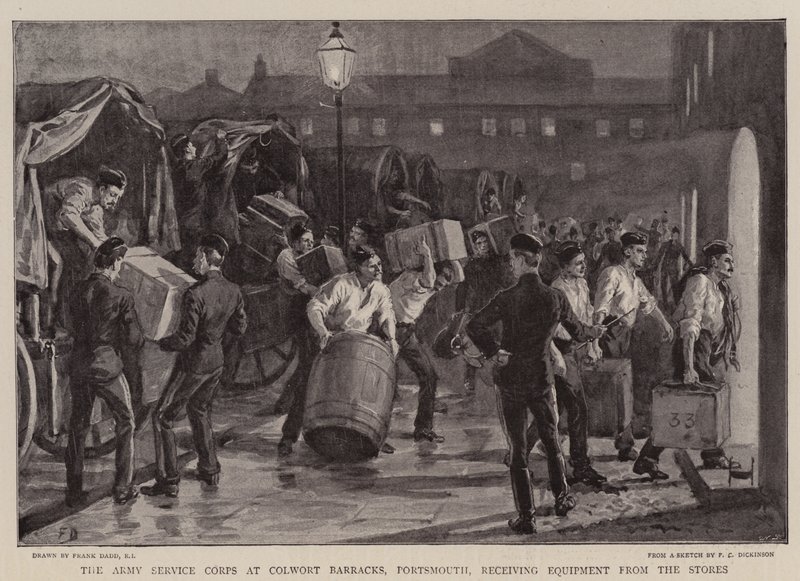 El Cuerpo de Servicio del Ejército en los Cuarteles de Colwort, Portsmouth, recibiendo Equipos de las Tiendas de Frank Dadd