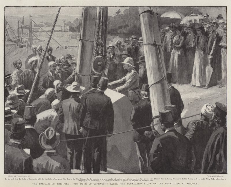 El embalse del Nilo, el Duque de Connaught colocando la piedra fundamental de la Gran Presa en Asuán de Frank Dadd
