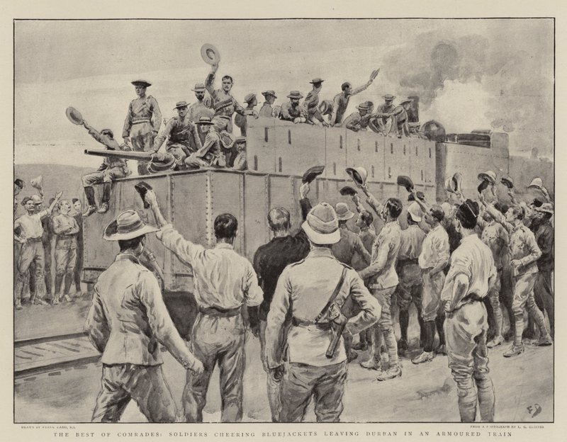 Los mejores camaradas, soldados animando a los marineros que salen de Durban en un tren blindado de Frank Dadd