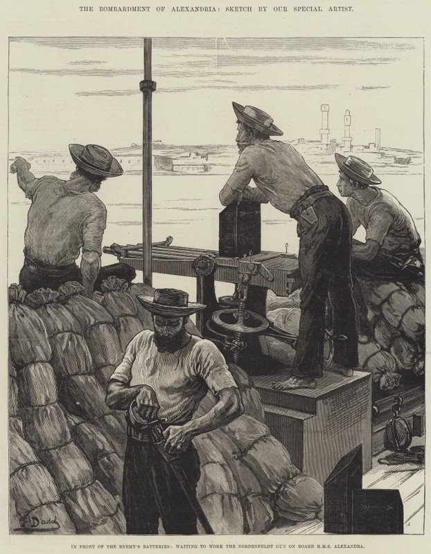 El bombardeo de Alejandría, frente a las baterías enemigas, esperando operar el cañón Nordenfeldt a bordo del HMS Alexandra de Frank Dadd