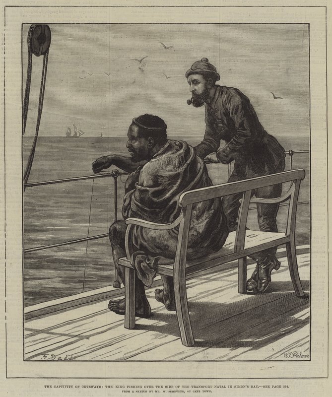 La cautividad de Cetewayo, el rey pescando sobre el costado del transporte Natal en la bahía de Simon de Frank Dadd