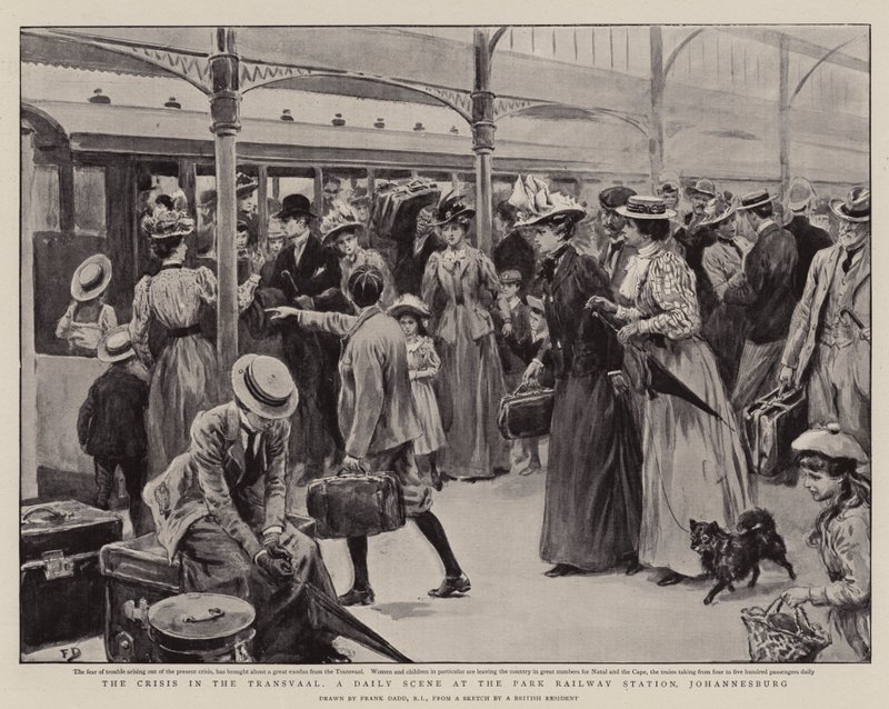 La crisis en el Transvaal, una escena diaria en la estación de tren del parque, Johannesburgo de Frank Dadd