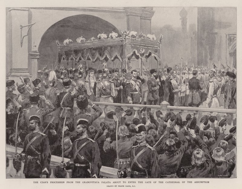 La procesión del Zar desde la Granovitaya Palata a punto de entrar en la Puerta de la Catedral de la Asunción de Frank Dadd