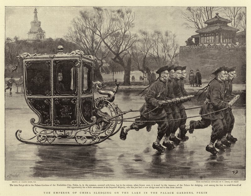 El emperador de China en trineo en el lago de los jardines del palacio, Pekín de Frank Dadd