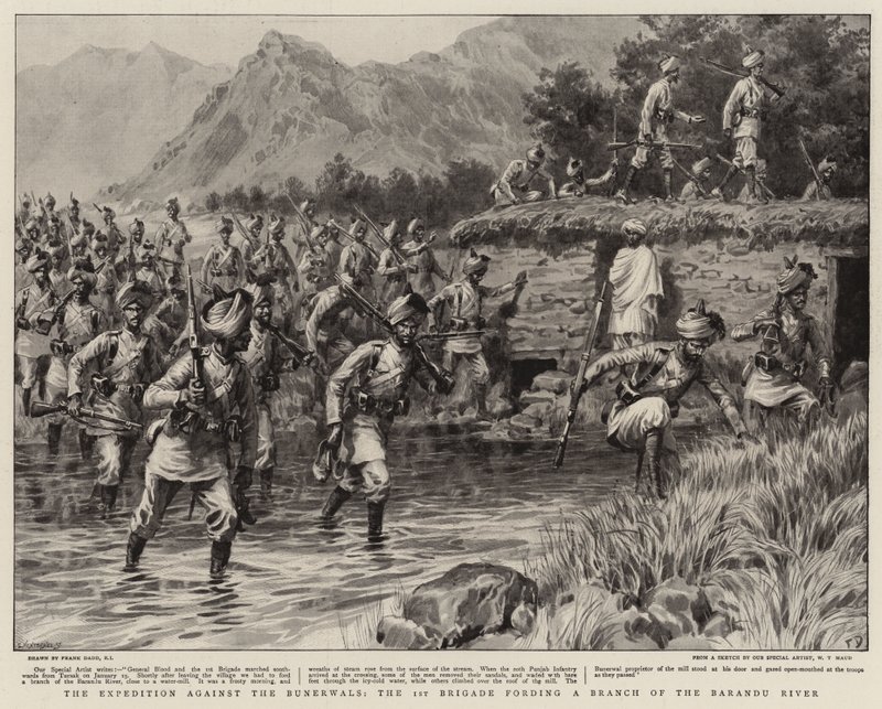 La expedición contra los Bunerwals, la 1ª Brigada cruzando un brazo del río Barandu de Frank Dadd