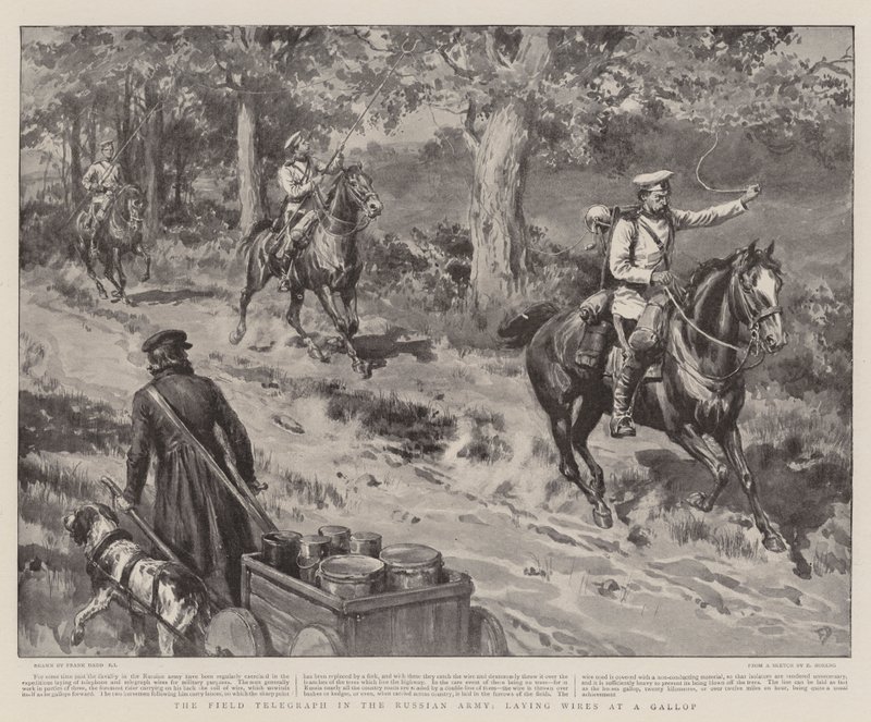 El telégrafo de campo en el ejército ruso, tendiendo cables a galope de Frank Dadd