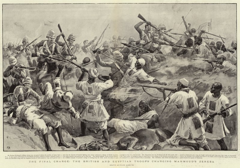 La carga final, las tropas británicas y egipcias cargando contra la Zereba de Mahmoud de Frank Dadd