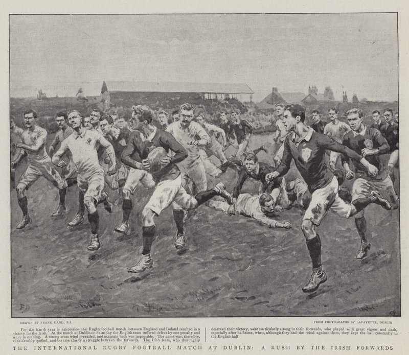 El partido internacional de rugby en Dublín, una carga de los delanteros irlandeses de Frank Dadd