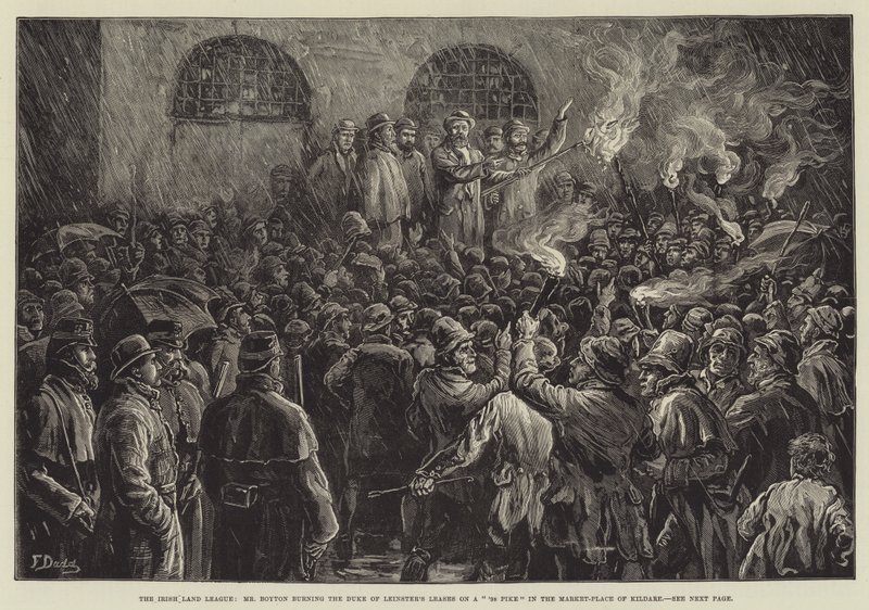 La Liga de la Tierra Irlandesa, el Sr. Boyton quemando los arrendamientos del Duque de Leinster en una pica del 