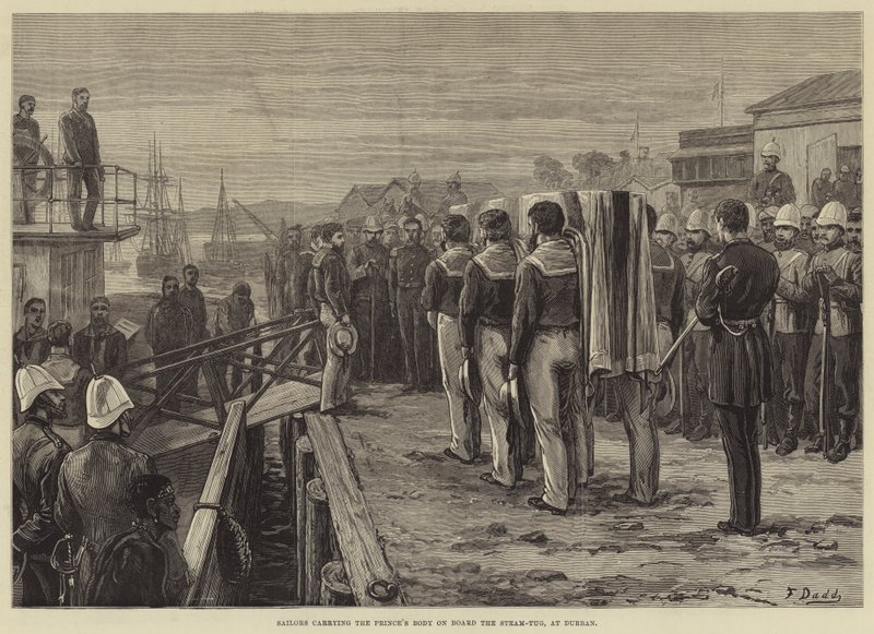 El difunto Príncipe Imperial, marineros llevando el cuerpo del príncipe a bordo del remolcador de vapor, en Durban de Frank Dadd